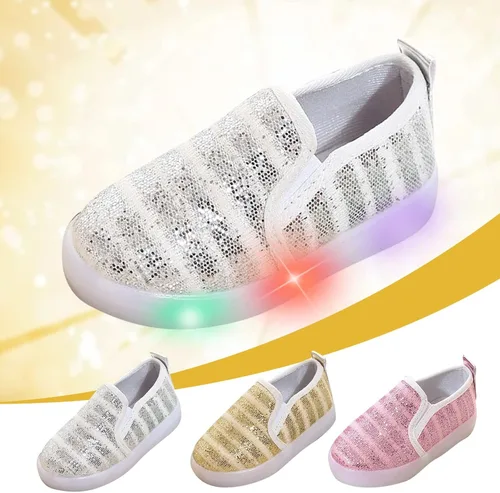 Vista 5 de POLG Mocasines con lentejuelas iluminadas para niña, con luces LED, zapatos de lona casuales planos (bebéniño pequeño) (dorado, 5.5 años)
