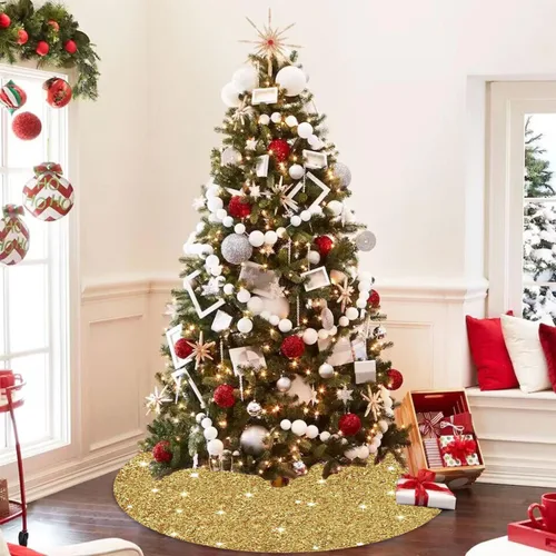 Vista 6 de Faldón para árbol de Navidad con lentejuelas doradas brillantes de 21 pulgadas, faldón de terciopelo con lentejuelas para árboles delgados, collar