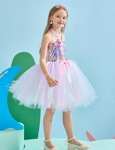Vista 3 de Tutu Dreams Mermaid Dress for Girls with Crown Birthday Halloween Party Gifts Dress Up Clothes