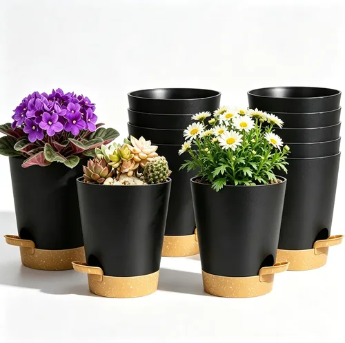 Vista 13 de Paquete de 12 macetas de riego automático de 4 pulgadas con drenaje y platillos, macetas de plástico para plantas de interior y exterior, macetas