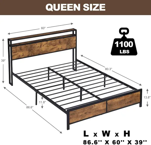 Vista 2 de Base de cama Queen con luces LED, 2 puertos USB, cabecera rústica de almacenamiento de 2 niveles, marco de cama de plataforma industrial, cámaras