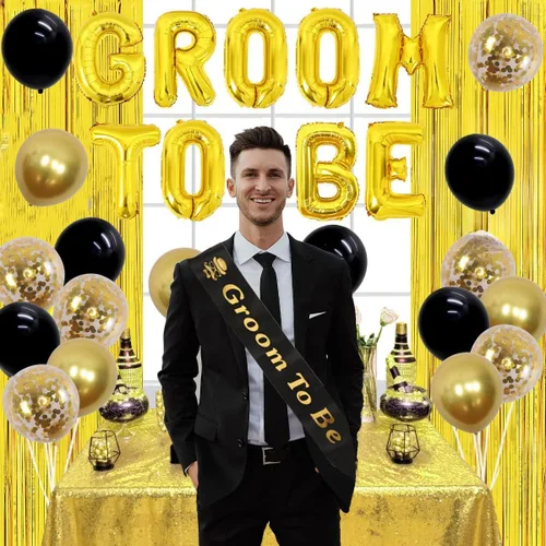 Vista 2 de Decoraciones de soltero para hombres – Banda de novio, globos y accesorios para fotos – Negro y dorado – Ducha de novio y suministros de fiesta