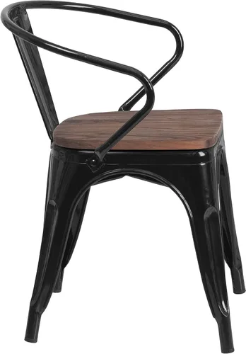 Vista 6 de EMMA + OLIVER Silla de metal negro con asiento y brazos de madera