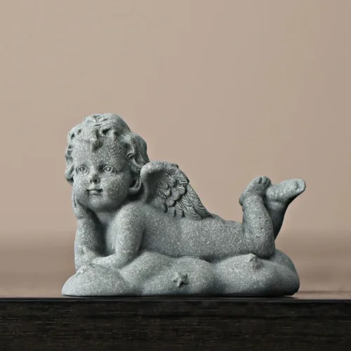 Vista 3 de livelyfish Estatua de ángel guardián, pequeña figura de querubín rezando, alas de arenisca, escultura de ángel para acuario, hogar, pecera