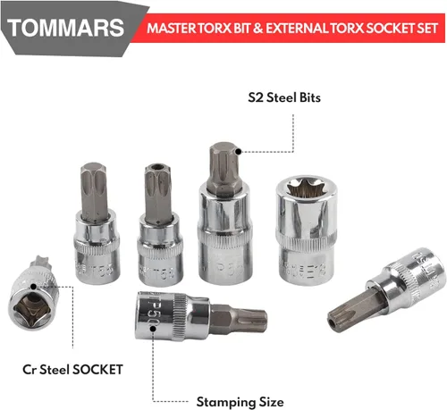 Vista 6 de TOMMARS Juego de 60 piezas de enchufes de brocas Torx Master y juego de enchufes externos de 1/4", 3/8", 1/2" de transmisión, brocas de acero S2