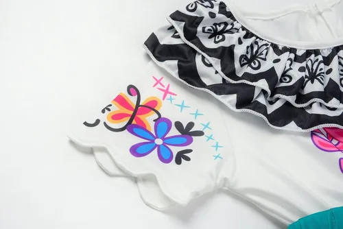 Vista 4 de Uplus ME Disfraz de princesa Mirabel, vestido de disfraz para niños, ropa de Halloween con bolsa, gafas, clips para las orejas