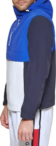 Vista 3 de Tommy Hilfiger - Chaqueta rompevientos con capucha para hombre, estilo retro, ligera, resistente al agua