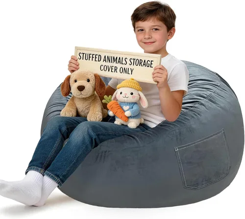 Vista 13 de Lukeight - Puf de almacenamiento de animales de peluche para niños, funda para puf de dinosaurio con cremallera para organizar la habitación