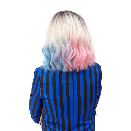 Vista 6 de Peluca ondulada corta rosa y azul para disfraz de Halloween para mujer