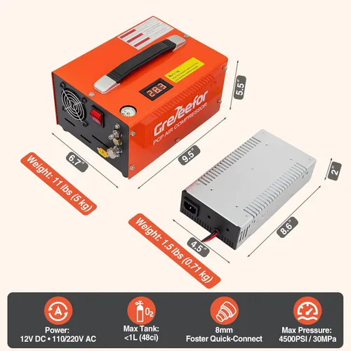 Vista 7 de Compresor de aire PCP, 4500 PSI / 30 MPa, auto de doble potencia 12 V CC o hogar 110 V/220 V CA, mango retráctil, sin agua/aceite