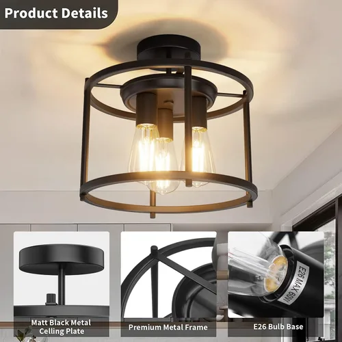Vista 4 de Lámpara de techo semiempotrada de granja, lámpara de techo industrial negra para cocina, estilo rústico, vintage, montaje en techo, 3 luces, lámpara