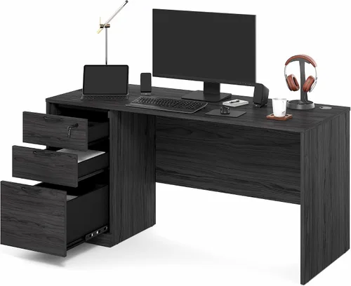 Vista 3 de Furinno Roger 60 Inch Executive Desk with File Cabinet, Home Office Desk with 3-Drawer Fixed Pedestal Filing Cabinet, Desk Cord Grommet, for Home