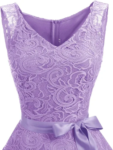Vista 5 de Dressystar - Vestido de fiesta corto para mujer con encaje floral y cuello en V, ideal para dama de honor y baile de graduación