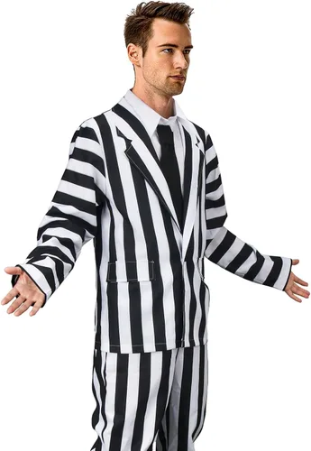 Vista 5 de Vikidoky Disfraz de rayas blancas y negras para hombre, abrigo y pantalones, chaleco de los años 80, película de miedo, Halloween, cosplay, fiesta