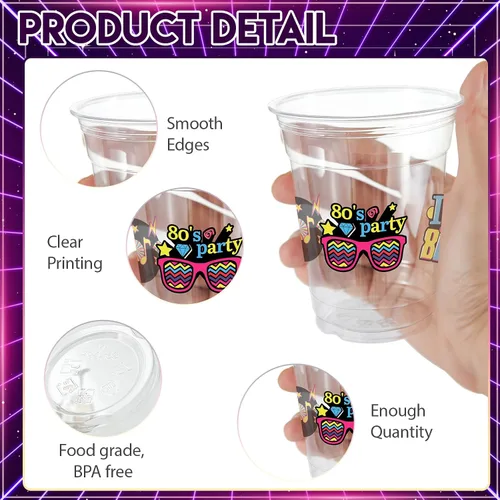 Vista 3 de 100 vasos de plástico desechables para fiestas de los 80 de 12 onzas de regreso a los 80, vasos transparentes desechables para discoteca de los 80