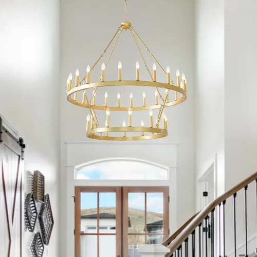 Vista 6 de EGM Candelabro dorado de 48 pulgadas con rueda de carro de 2 niveles, 36 luces grandes de color dorado cepillado estilo granja, lámparas de techo
