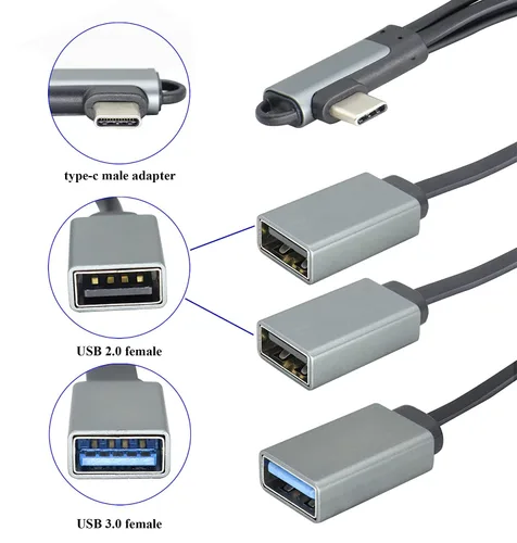Vista 3 de Ángulo recto tipo C 3.0 macho a 1 USB 3.0 A hembra+2 USB 2.0 A hembra OTG Cable USB C a USB A de 90 grados de datos y carga OTG Cable divisor