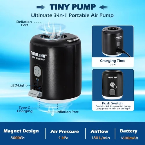 Vista 7 de CAMULAND Mini bomba de aire con diseño magnético, linterna de campamento, bomba eléctrica para inflables con batería de 1400 mAh recargable
