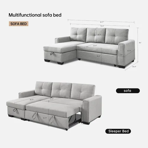 Vista 3 de American Furniture Classics Sofá cama modular copetudo gris claro con almacenamiento, 92 x 59 x 36 pulgadas