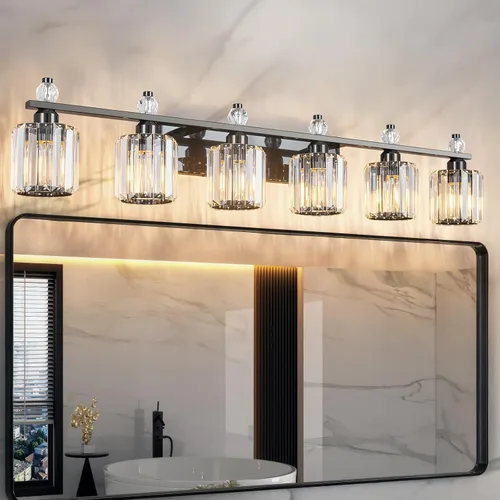 Vista 43 de Luces de Tocador de Baño de 3 Luces, Placado Negro, Modernas Luces de Tocador de Cristal para Baño, Luces de Tocador de Cristal para Usar Sobre