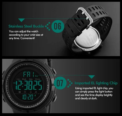 Vista 4 de Relojes digitales para hombre multifunción con alarma, cronómetro, LED, relojes deportivos al aire libre, reloj militar impermeable Verde militar