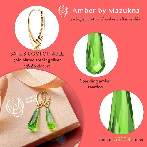 Vista 2 de Amber by Mazukna - Natural Amber Earrings for Women - Light Weight Gemstone Earrings, Silver ag925 Clasp, Dangle Semi-Precious Women's Jewelry