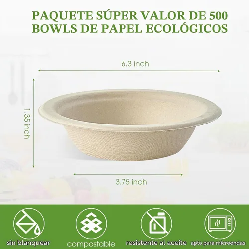 Vista 3 de Vplus - Paquete de 500 cuencos de papel compostables de 12 onzas, cuencos de bagazo a granel, naturaleza