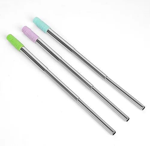 Vista 3 de Paquete de 3 pajitas plegables reutilizables con punta de silicona, telescópicas portátiles de acero inoxidable reutilizables con funda, cepillo