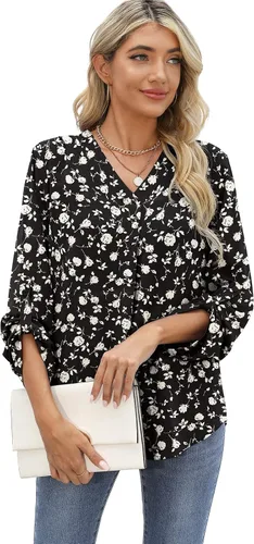 Vista 4 de QUEZHU Blusas de manga 34 para mujer, estilo casual, elegante, de gasa, cuello en V, blusas