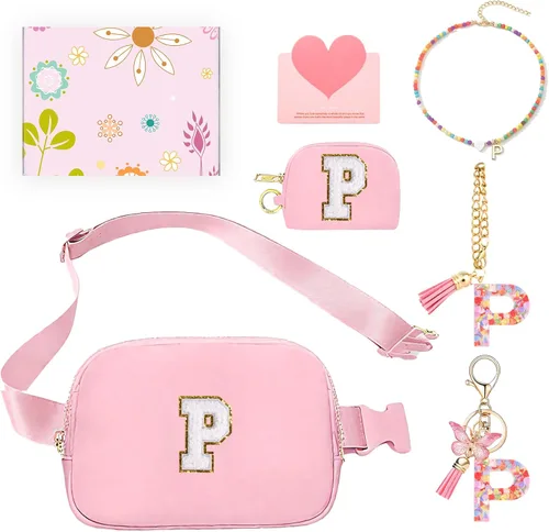 Vista 50 de Regalos de moda para niñas adolescentes, cangurera con monograma para niña con llavero, collar, dijes de taza, tarjeta de felicitación y caja