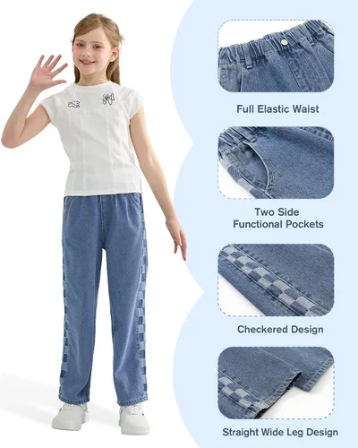 Vista 4 de Rolanko Pantalones vaqueros para niñas, cintura elástica, pierna ancha, pantalones holgados para niños, ropa para niños de 4 a 14 años