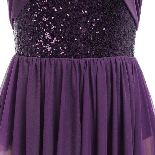 Vista 5 de AFAVOM Disfraz de baile lírico para mujer, vestido de lentejuelas con flores, falda asimétrica de tul fluida, disfraces de danza contemporánea