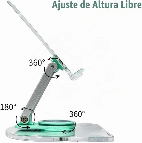 Vista 7 de Soporte acrílico para tablet con base giratoria de 360°, soporte plegable ajustable transparente para escritorio, oficina en casa, compatible