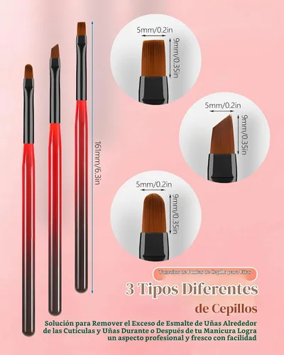 Vista 3 de 3 piezas de brochas de limpieza de arte de uñas, brochas de uña redondas/anguladas/planas resistentes a la acetona para remover esmalte de gel
