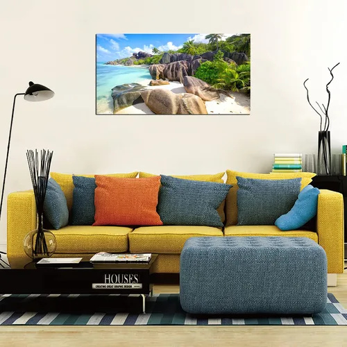Vista 2 de YYYYHPP YP0762 - Cuadro de pared de playa, arte de pared, piedra de cocoteros en arenas, playa, paisaje marino, pintura de paisaje, imagen