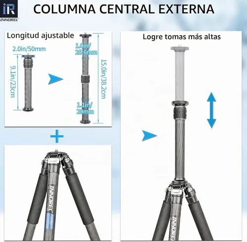 Vista 4 de Trípode de fibra de carbono-INNOREL CT75C - Trípode de viaje portátil profesional compacto para cámara de video digital DSLR, carga de 44.1 lb/20