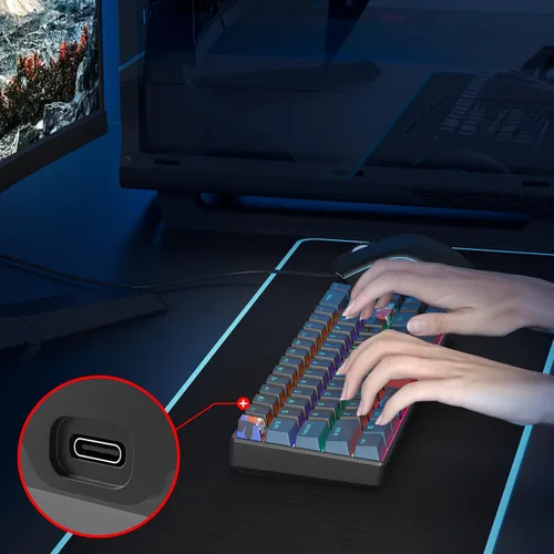 Vista 7 de Protable - Teclado mecánico para juegos al 60%, mini compacto retroiluminado de 68 teclas, teclado de oficina con cable con interruptor rojo