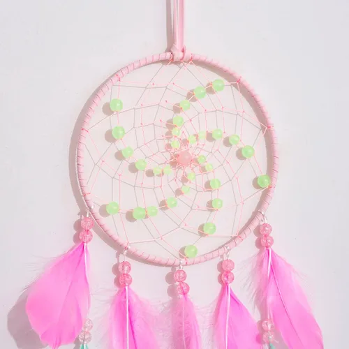 Vista 5 de Atrapasueños luminosos para niñas, decoración de pared nativa de plumas rosadas hechas a mano