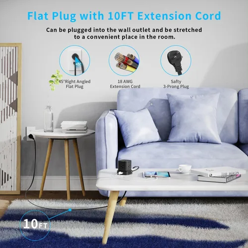 Vista 7 de Regleta de alimentación con USB-C (3.0A), protector de sobretensiones TOPREK (700J), cable de extensión de 10 pies con 5 CA y 4 USB, enchufe plano