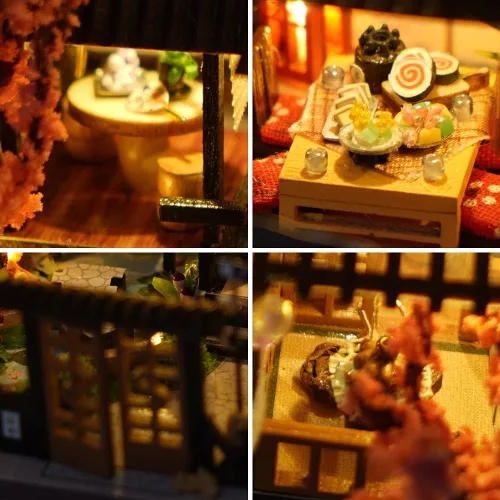 Vista 5 de Casa de muñecas de madera en miniatura japonesa/mar/mercado de casas de coches, kit de casa de muñecas, construcción de villas, modelo 3D, regalos