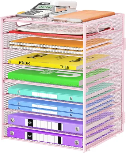 Vista 13 de Cawukege Organizador de papel de 9 niveles con asa, organizador de escritorio de gran capacidad, carpeta de archivos de malla, bandeja de papel