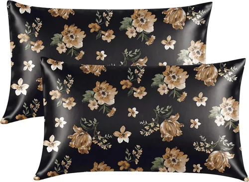 Vista 45 de EXQ Home - Funda de almohada de satén para cuidar el cabello y la piel, tamaño estándar, de seda con estampado negro, juego de 2 fundas con cierre