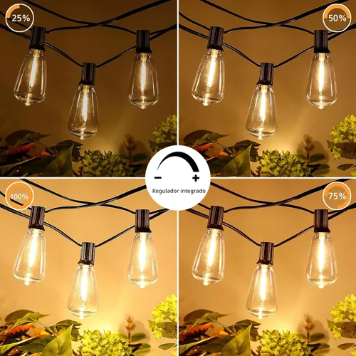 Vista 4 de Brightever Tira de luces regulables para exteriores con control remoto, 3 colores en 1 luz LED de patio para exteriores con 25+1 bombillas Edison