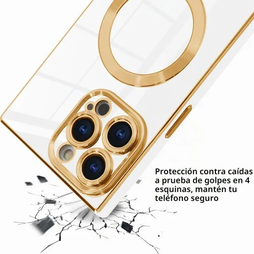 Vista 4 de OOK Funda magnética para iPhone 15 Pro Max borde chapado en oro - blanco