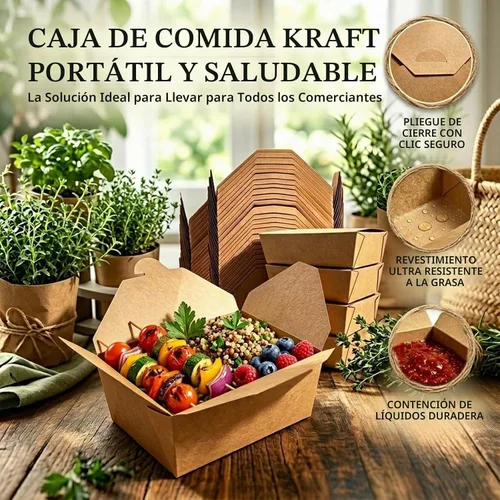 Vista 5 de Kaderron 80 piezas 26 oz (780 ml) contenedores de comida desechables para llevar, cajas de comida marrón, caja de papel kraft para llevar apta