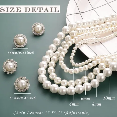 Vista 5 de Aleasha 8mm Faux Pearl Necklace Earrings Set for Women Round White Pearl Zirconia Earring Brides Wedding Jewelry Gifts