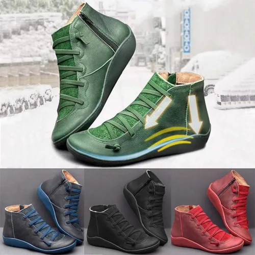 Vista 2 de Gibobby Botines de tacón plano para mujer, botas de tobillo con soporte de arco, botas de amortiguación con cordones y cremallera lateral