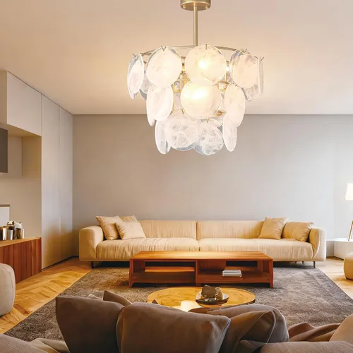 Vista 4 de Candelabros dorados modernos de cristal semiempotrados para techo para comedor, lámpara redonda de cristal de 19.7 pulgadas, lámpara colgante