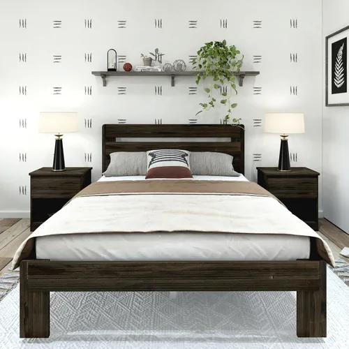 Vista 3 de Plank+Beam Cama individual moderna de granja, cabecera de tablones, marrón granero Barnwood Marrón