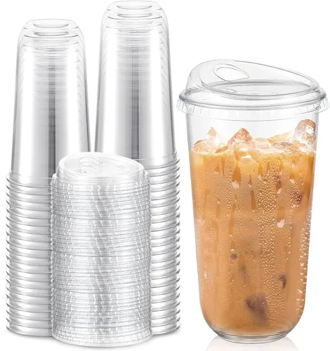 Vista 16 de Baderke 100 vasos de plástico con tapas para sorber, fondo redondo, vasos de café de plástico desechables con tapas, tazas de cristal transparentes